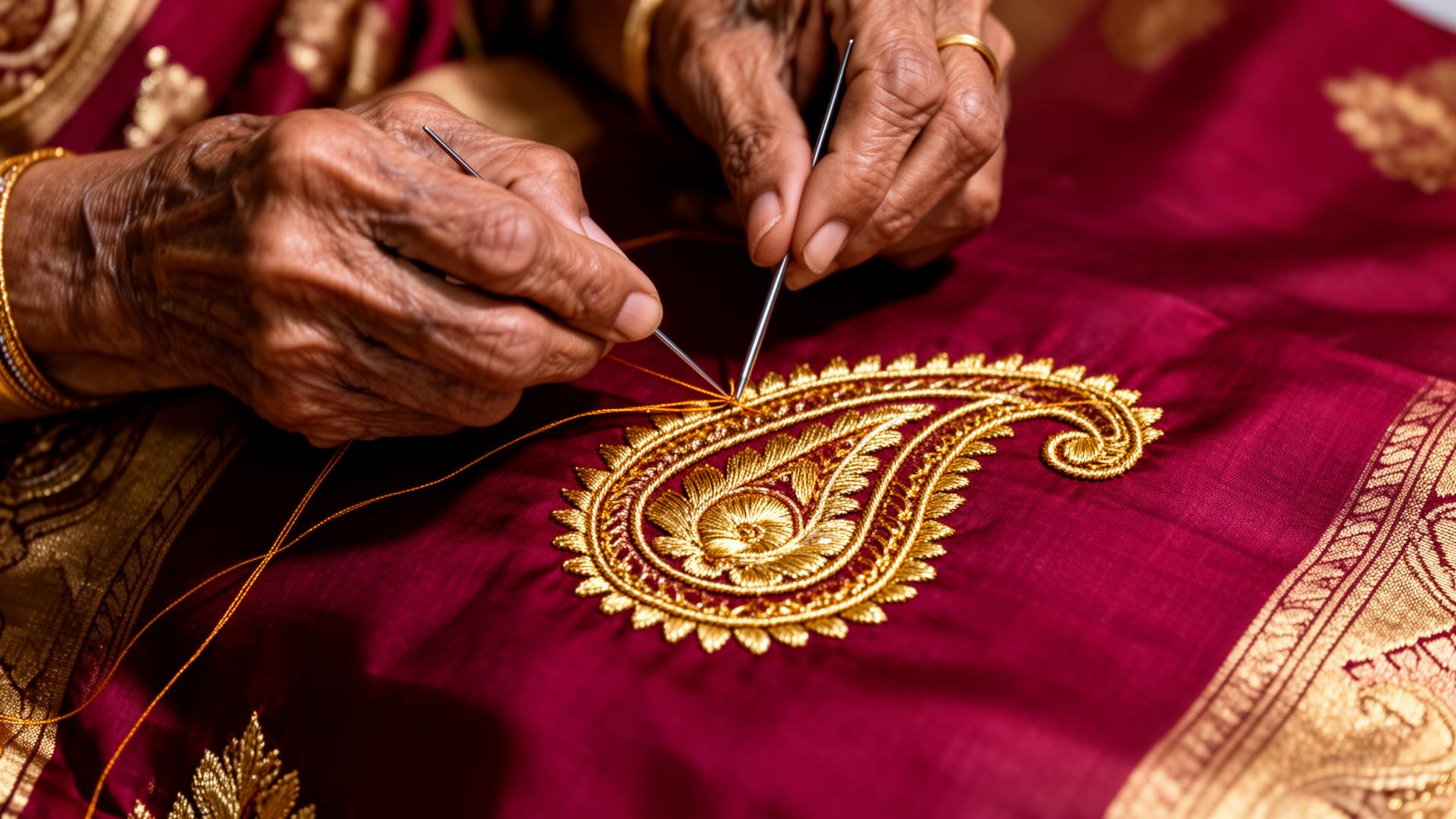 Macro detail of pure silk zari embroidery showing perfectly preserved gold threadwork