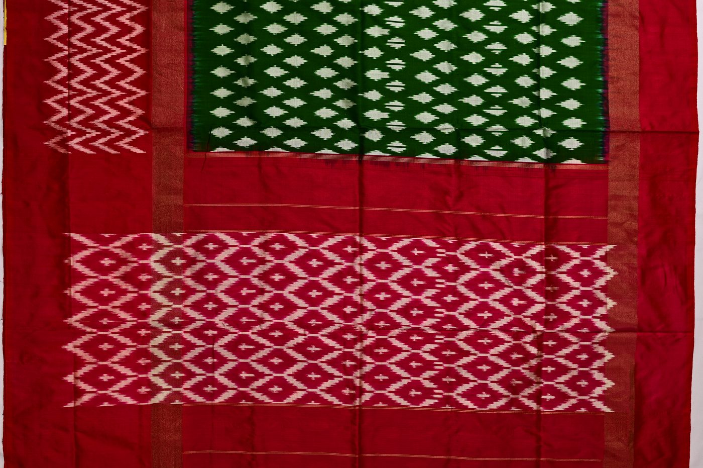 Pochampally Ikat № 01. true tie and dye ikat, double weft motifs, soft mulberry silk drape. Photographed at Trisha Silks Jubilee Hills.