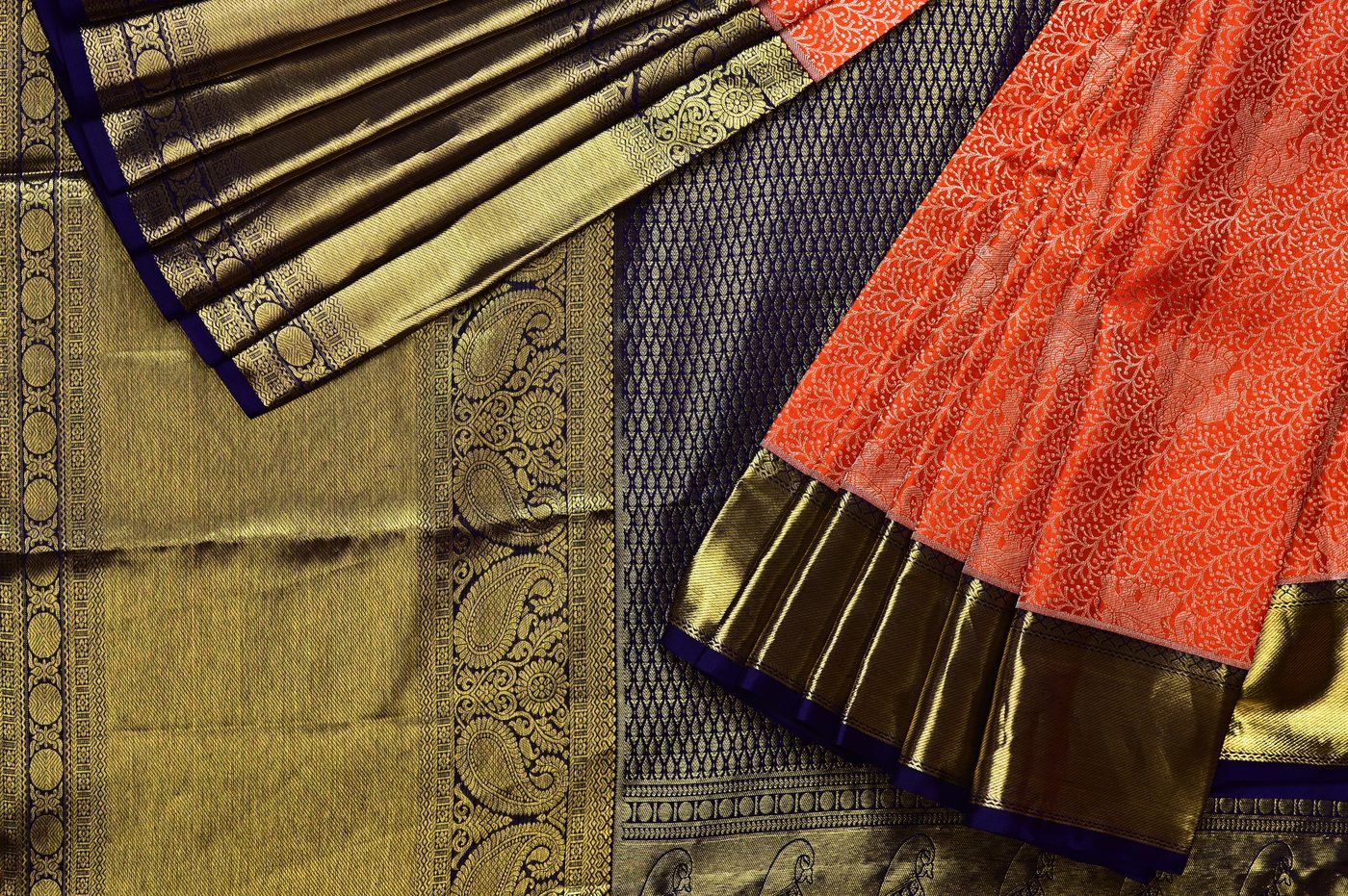 Kanjivaram Silk № 07. three shuttle weave, pure mulberry silk, real zari and temple borders. Photographed at Trisha Silks Jubilee Hills.