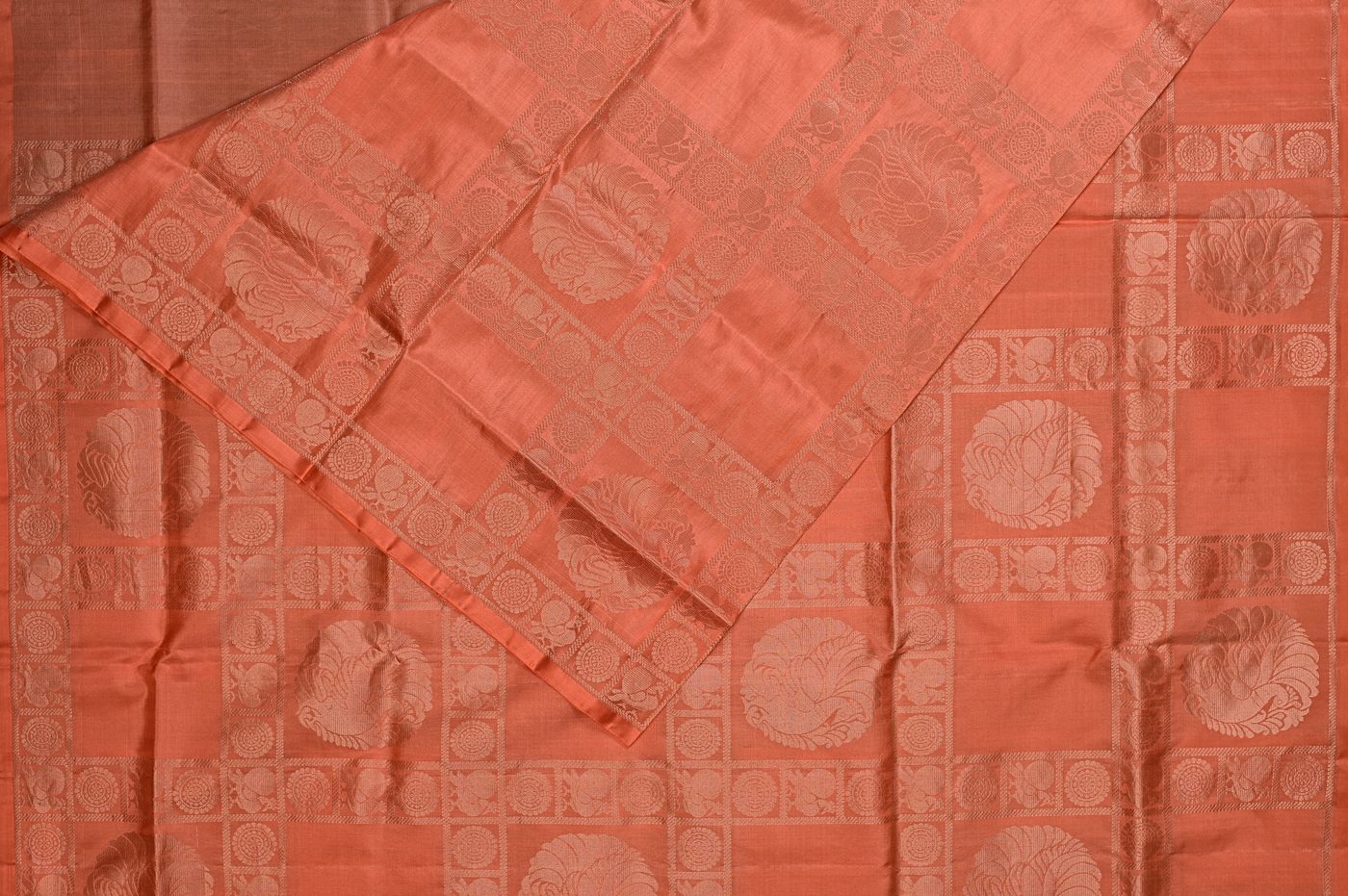 Kanjivaram Silk № 33. three shuttle weave, pure mulberry silk, real zari and temple borders. Photographed at Trisha Silks Jubilee Hills.