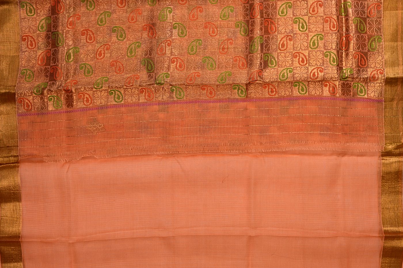 Kora Silk Banarasi № 02. translucent kora organza silk woven with real zari kadhwa florals. Photographed at Trisha Silks Jubilee Hills.