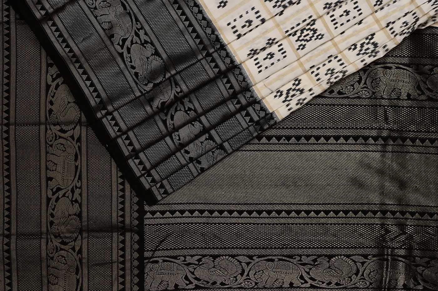 Ikat Kanjivaram № 02. Pochampally style ikat warp paired with the weight and zari of a Kanchi silk. Photographed at Trisha Silks Jubilee Hills.