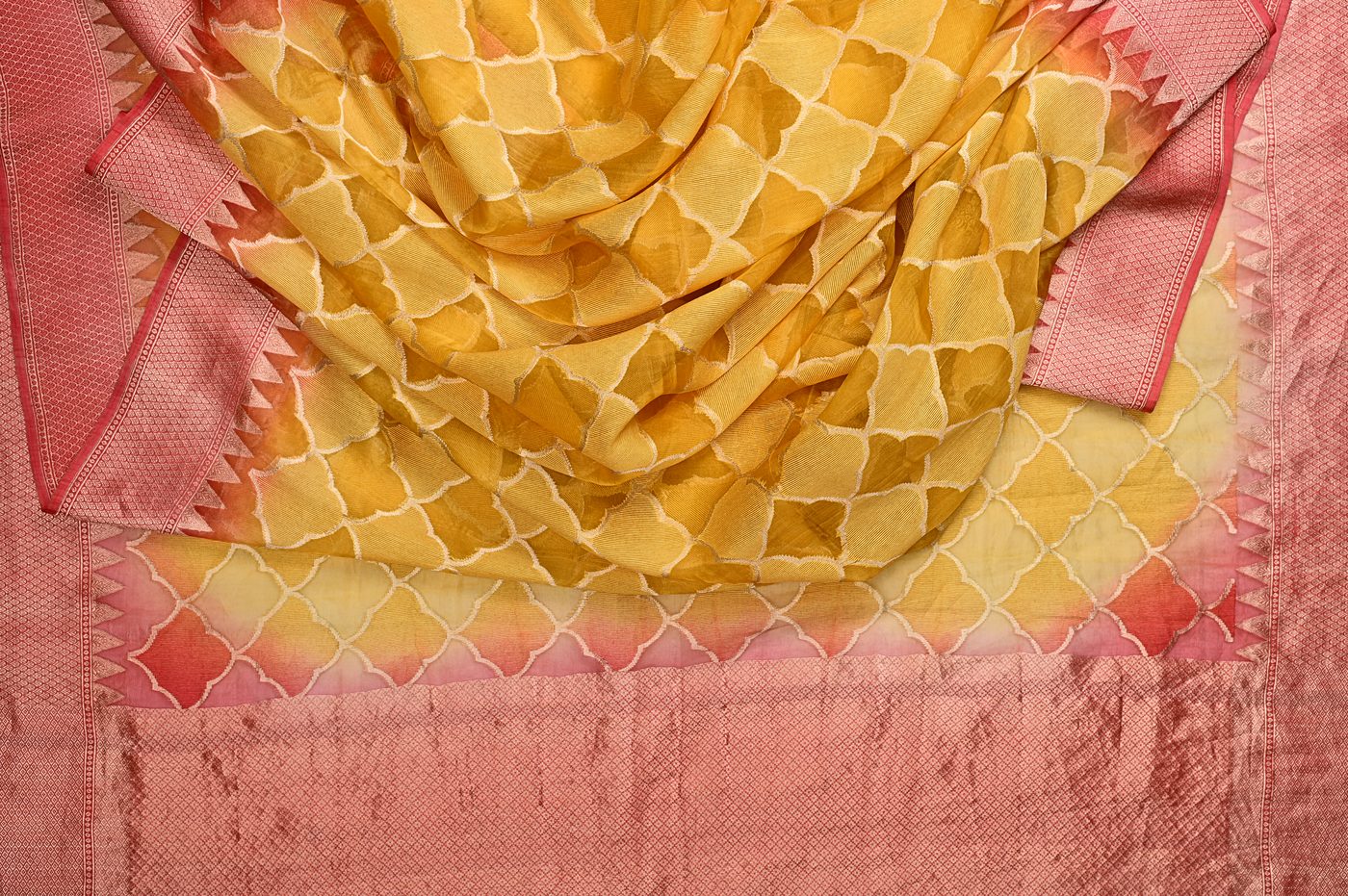 Kora Silk Banarasi № 03. translucent kora organza silk woven with real zari kadhwa florals. Photographed at Trisha Silks Jubilee Hills.