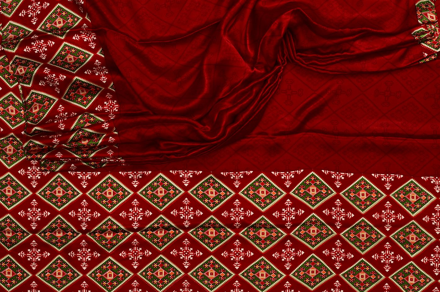Jacquard Silk № 01. jacquard programmed motifs on pure silk for a lighter modern drape. Photographed at Trisha Silks Jubilee Hills.