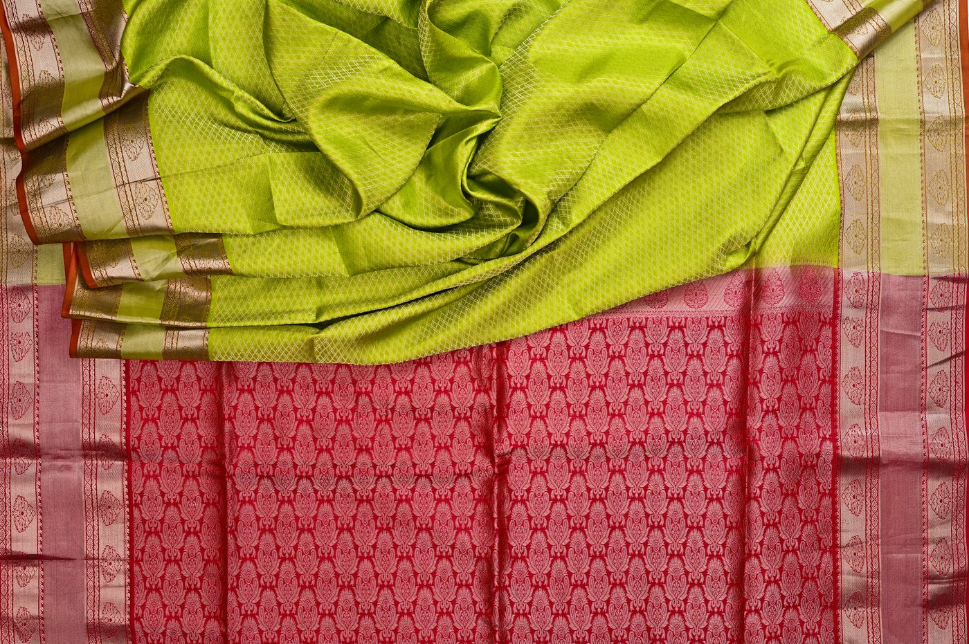 Kanjivaram Silk № 20. three shuttle weave, pure mulberry silk, real zari and temple borders. Photographed at Trisha Silks Jubilee Hills.