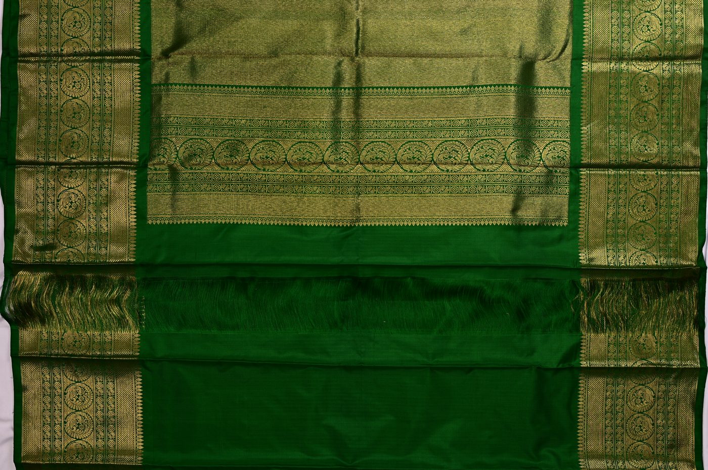 Kanjivaram Silk № 22. three shuttle weave, pure mulberry silk, real zari and temple borders. Photographed at Trisha Silks Jubilee Hills.