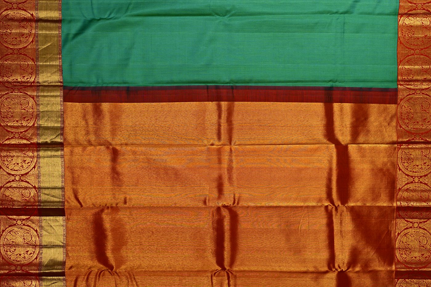 Kanjivaram Silk № 29. three shuttle weave, pure mulberry silk, real zari and temple borders. Photographed at Trisha Silks Jubilee Hills.