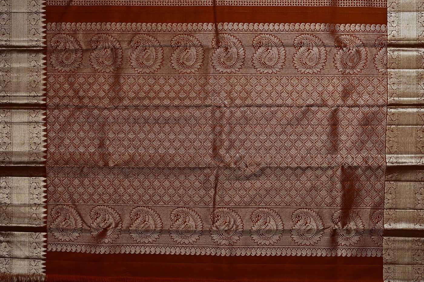 Kanjivaram Silk № 15. three shuttle weave, pure mulberry silk, real zari and temple borders. Photographed at Trisha Silks Jubilee Hills.