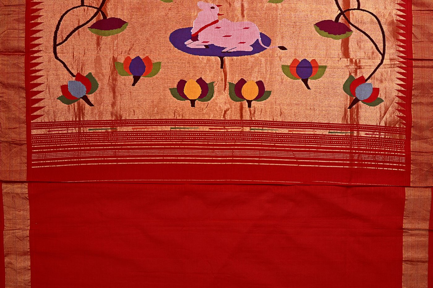 Paithani Silk № 03. pure silk tapestry weave, real zari peacock pallu, naturally dyed yarns. Photographed at Trisha Silks Jubilee Hills.