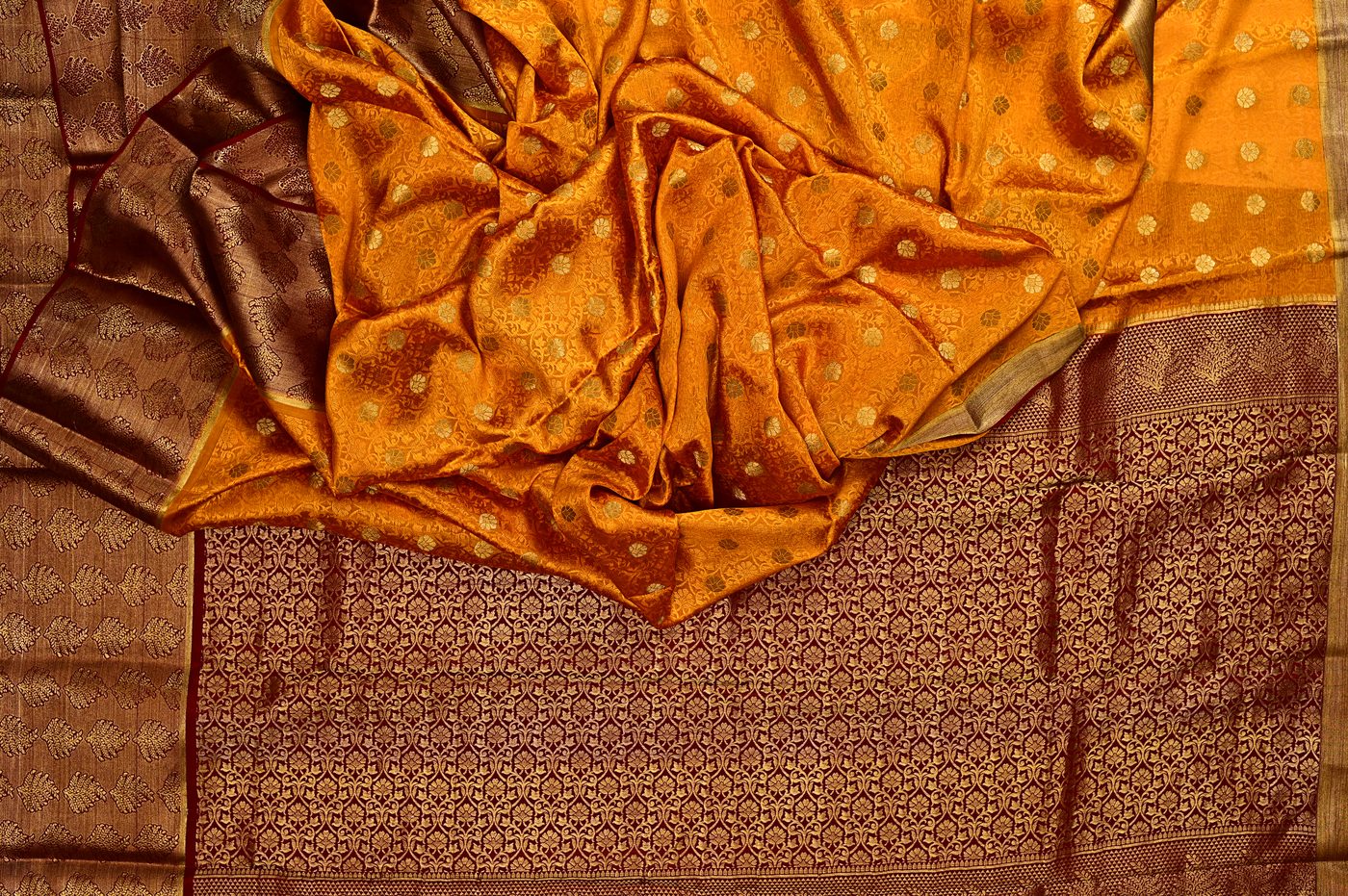 Kanjivaram Silk № 37. three shuttle weave, pure mulberry silk, real zari and temple borders. Photographed at Trisha Silks Jubilee Hills.