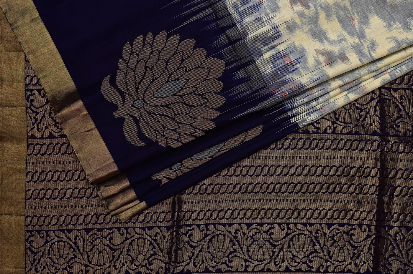 Ikat Kanjivaram № 01. Pochampally style ikat warp paired with the weight and zari of a Kanchi silk. Photographed at Trisha Silks Jubilee Hills.