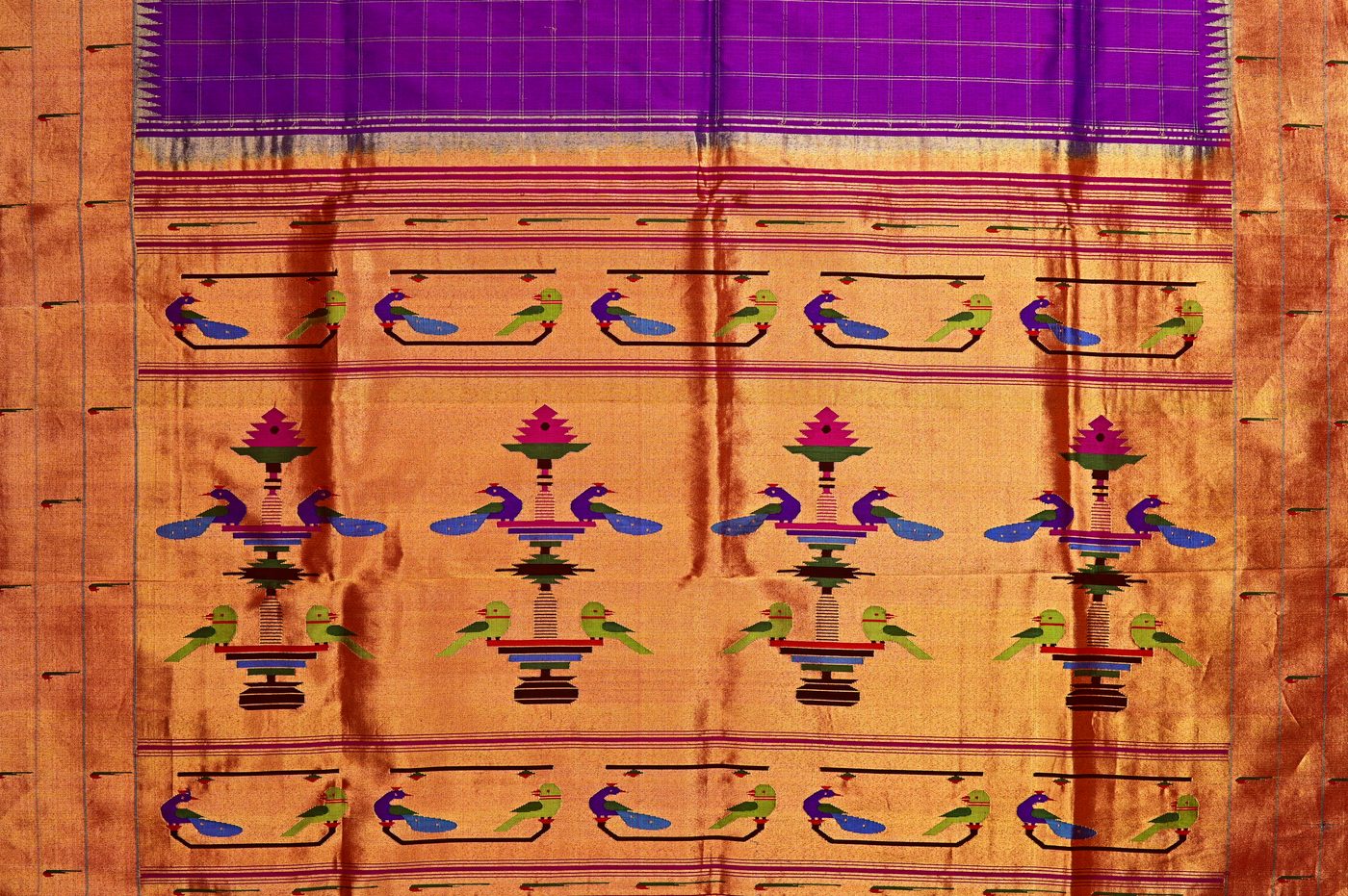 Paithani Silk № 02. pure silk tapestry weave, real zari peacock pallu, naturally dyed yarns. Photographed at Trisha Silks Jubilee Hills.