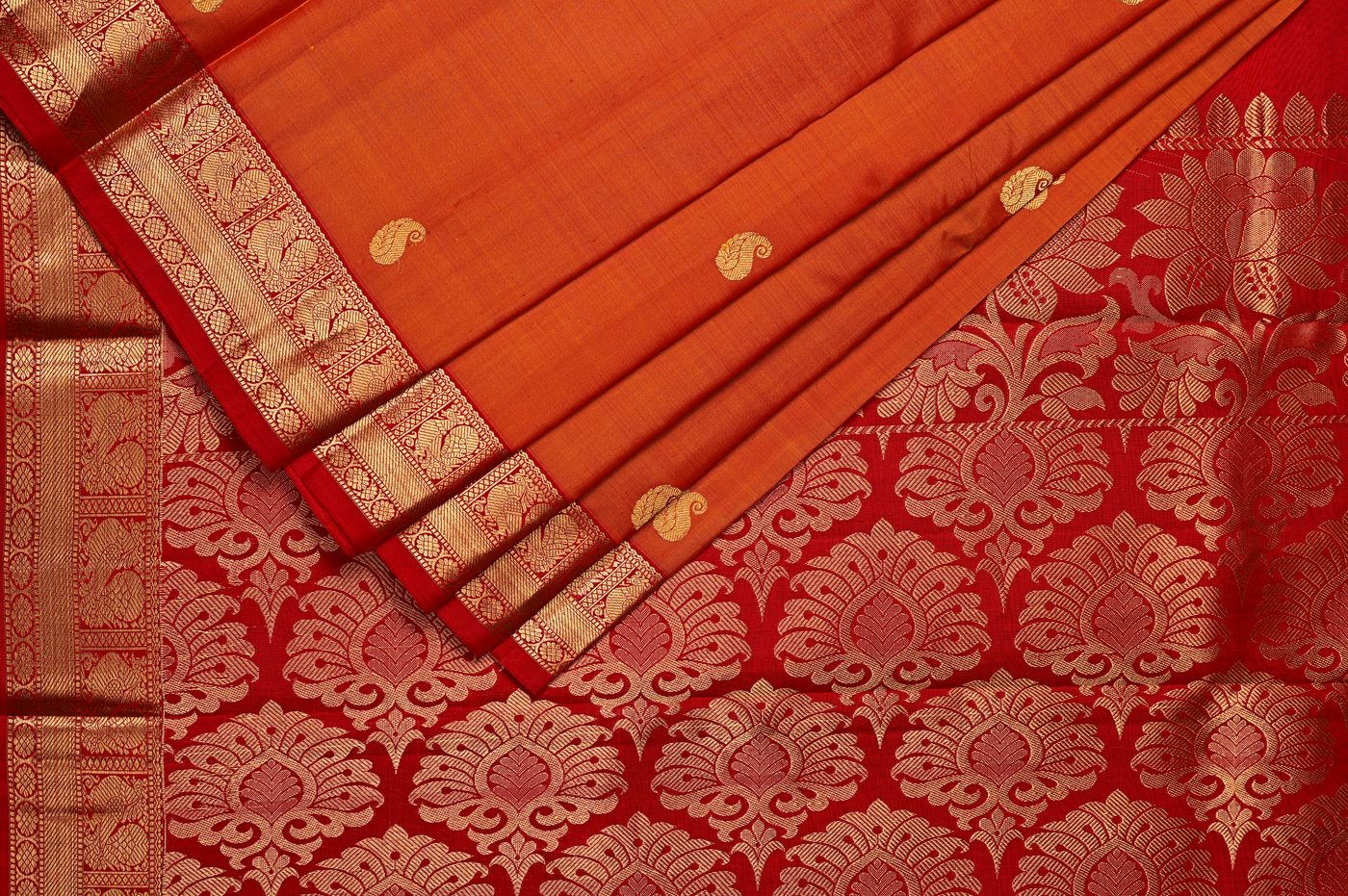 Kanjivaram Silk № 06. three shuttle weave, pure mulberry silk, real zari and temple borders. Photographed at Trisha Silks Jubilee Hills.