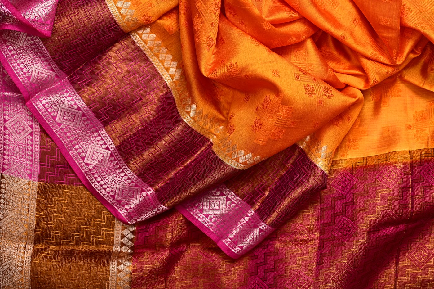 Kanjivaram Silk № 14. three shuttle weave, pure mulberry silk, real zari and temple borders. Photographed at Trisha Silks Jubilee Hills.