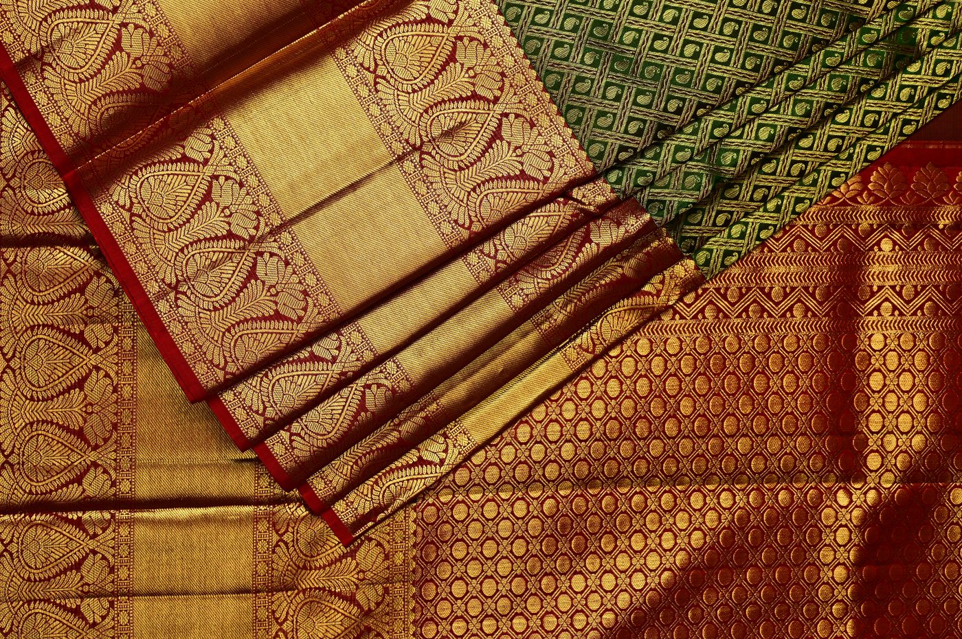 Kanjivaram Silk № 10. three shuttle weave, pure mulberry silk, real zari and temple borders. Photographed at Trisha Silks Jubilee Hills.