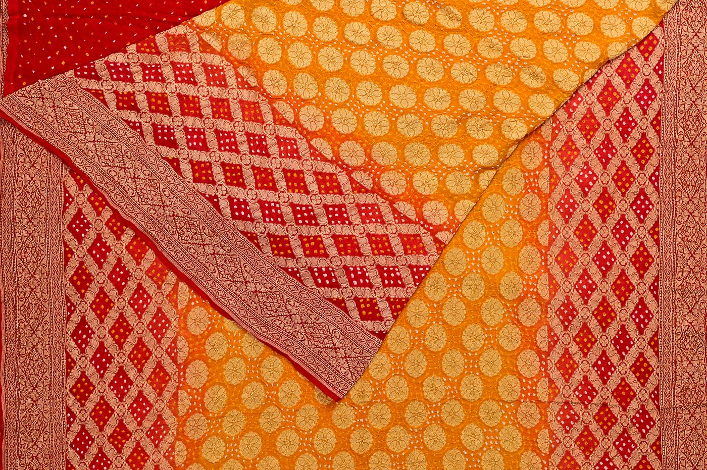Banarasi Bandhani № 02. hand tied bandhej knots from Kutch finished with kadhwa Banarasi zari. Photographed at Trisha Silks Jubilee Hills.