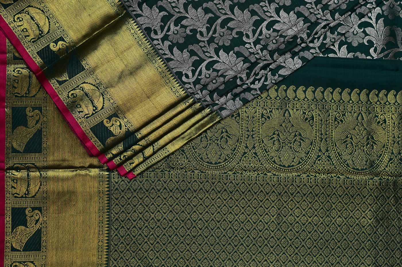 Kanjivaram Silk № 11. three shuttle weave, pure mulberry silk, real zari and temple borders. Photographed at Trisha Silks Jubilee Hills.