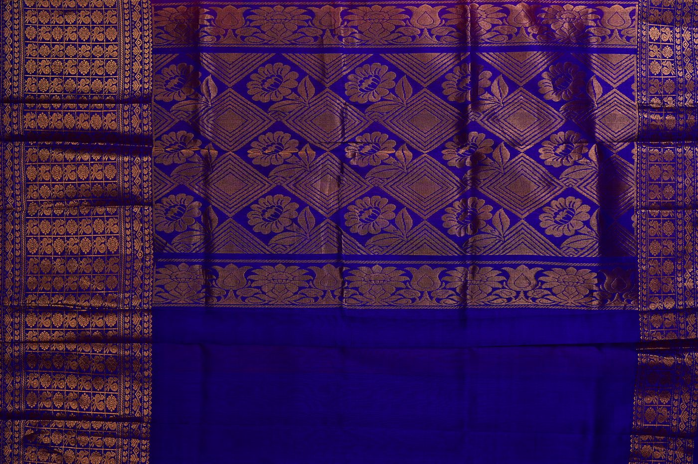 Kanjivaram Silk № 17. three shuttle weave, pure mulberry silk, real zari and temple borders. Photographed at Trisha Silks Jubilee Hills.