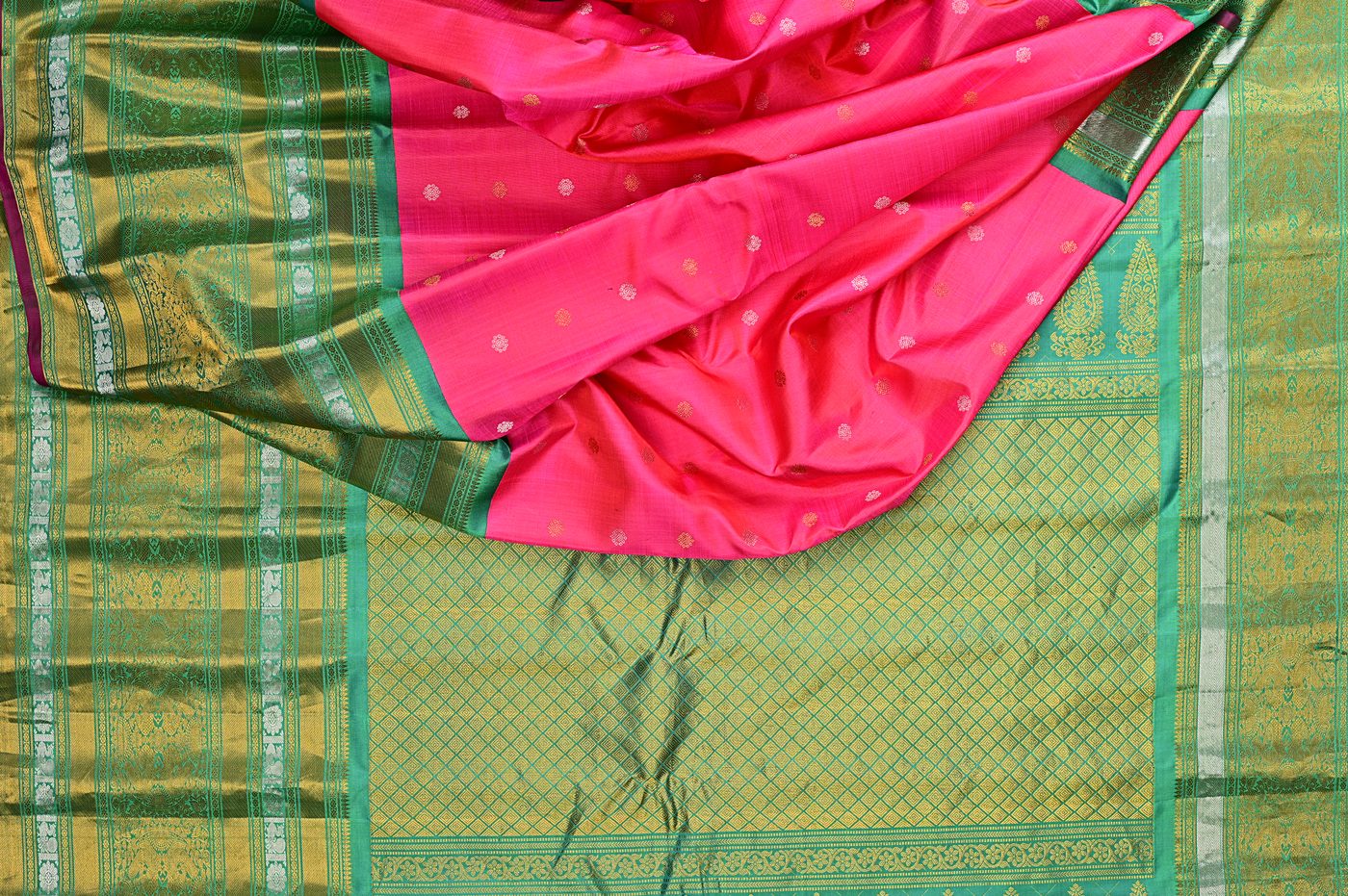 Kanjivaram Silk № 35. three shuttle weave, pure mulberry silk, real zari and temple borders. Photographed at Trisha Silks Jubilee Hills.