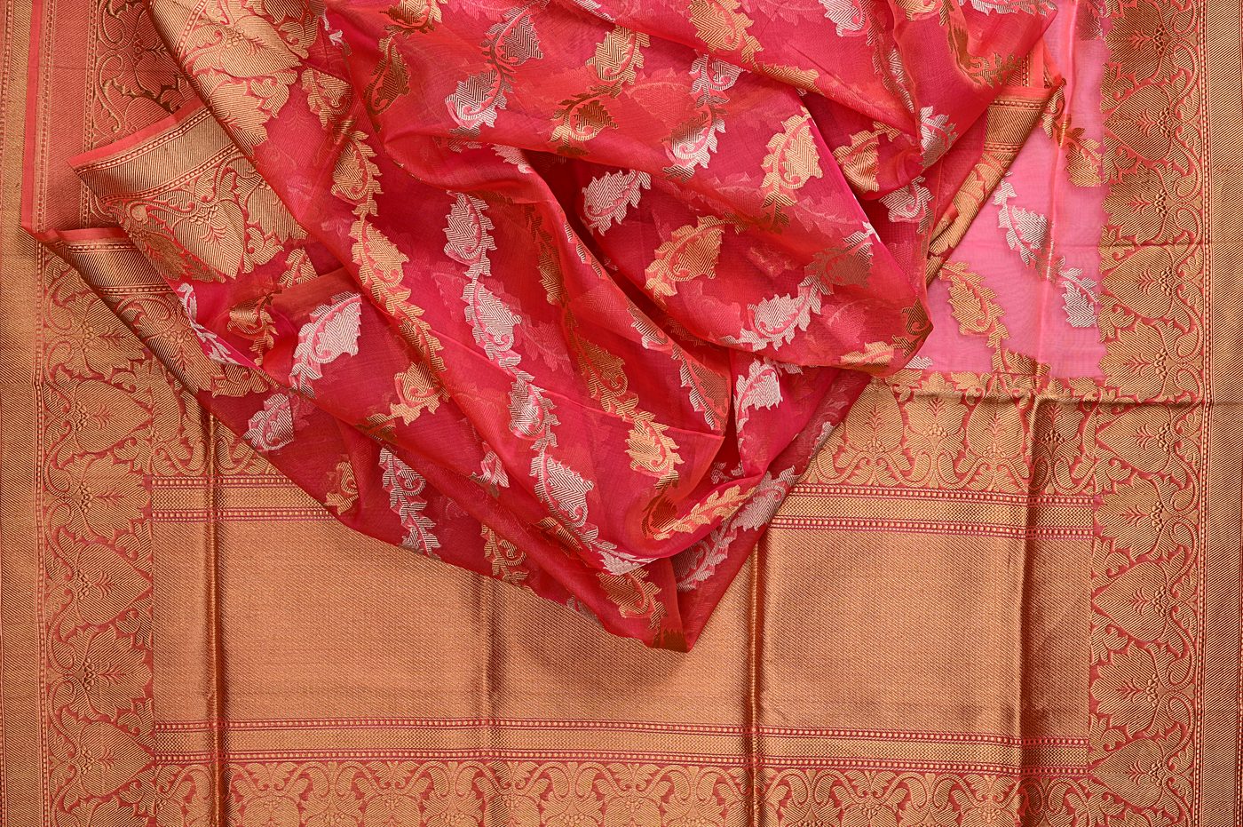 Kora Silk Banarasi № 04. translucent kora organza silk woven with real zari kadhwa florals. Photographed at Trisha Silks Jubilee Hills.