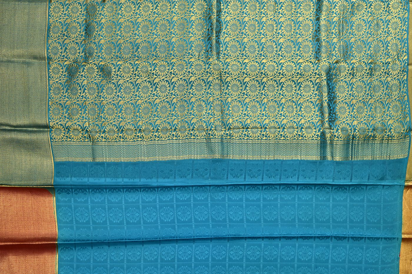 Kanjivaram Silk № 36. three shuttle weave, pure mulberry silk, real zari and temple borders. Photographed at Trisha Silks Jubilee Hills.