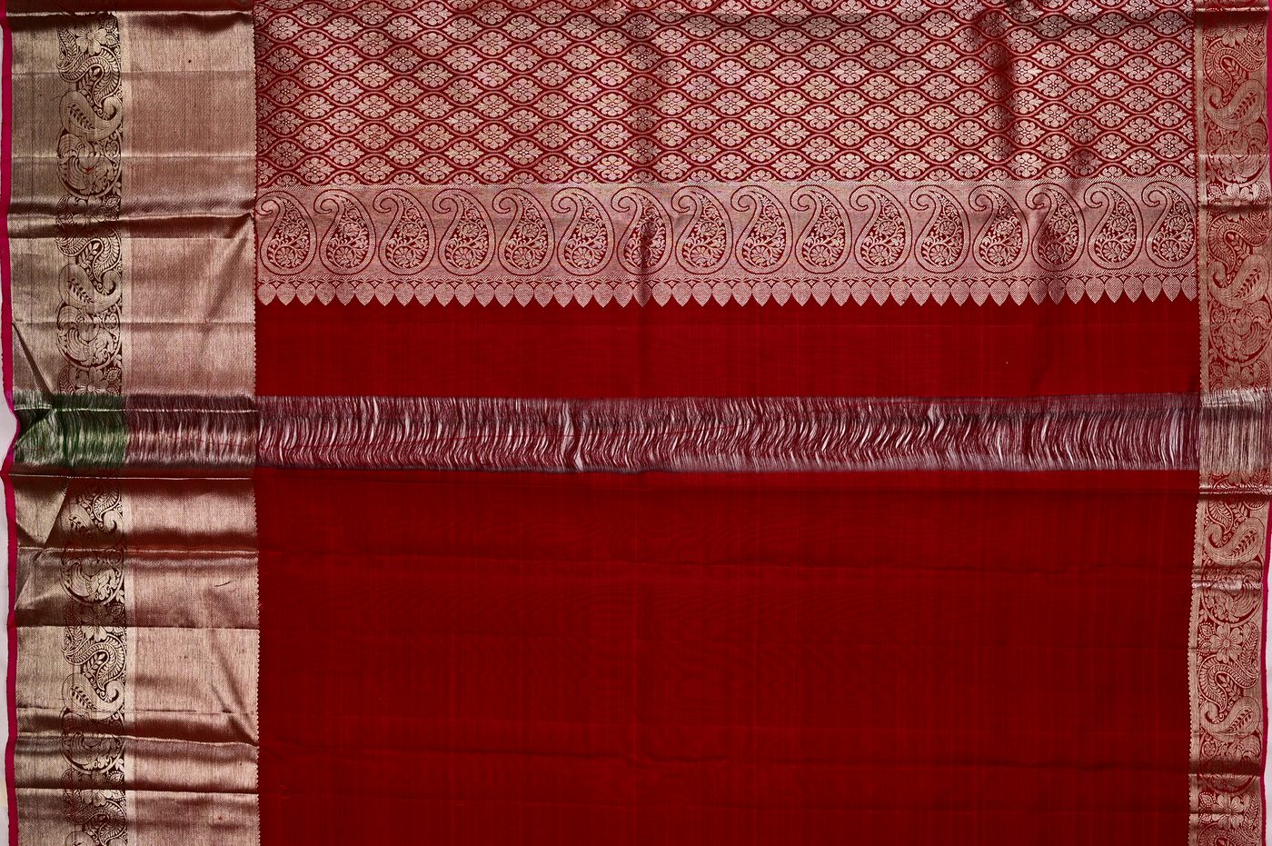 Kanjivaram Silk № 27. three shuttle weave, pure mulberry silk, real zari and temple borders. Photographed at Trisha Silks Jubilee Hills.