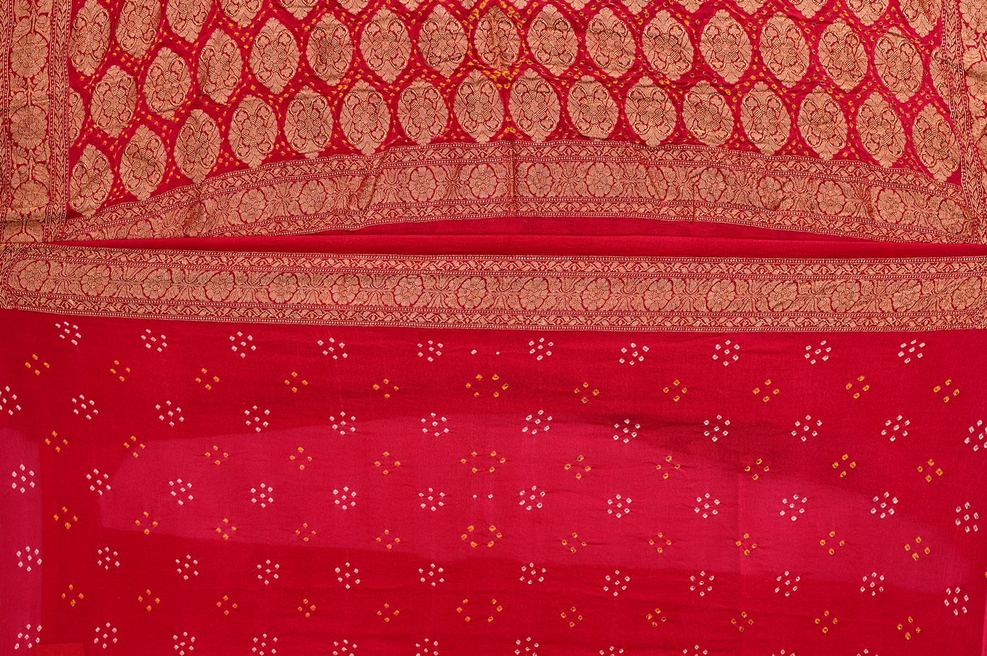 Banarasi Bandhani Georgette № 01. Kutchi bandhej dots tied first in Bhuj then woven into Banarasi georgette zari. Photographed at Trisha Silks Jubilee Hills.