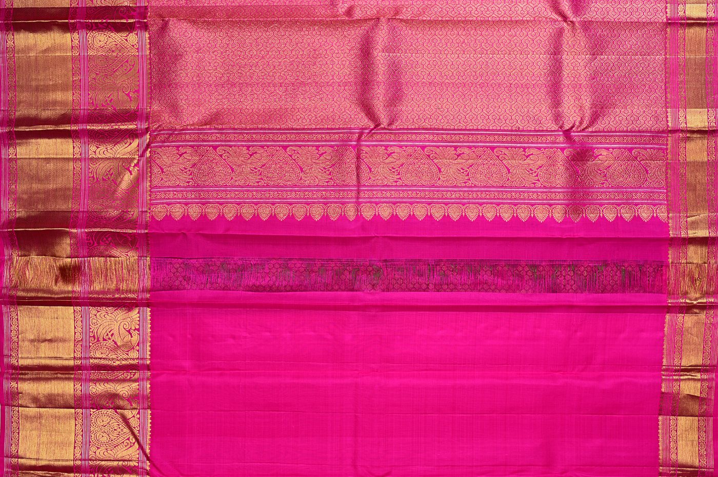 Kanjivaram Silk № 34. three shuttle weave, pure mulberry silk, real zari and temple borders. Photographed at Trisha Silks Jubilee Hills.