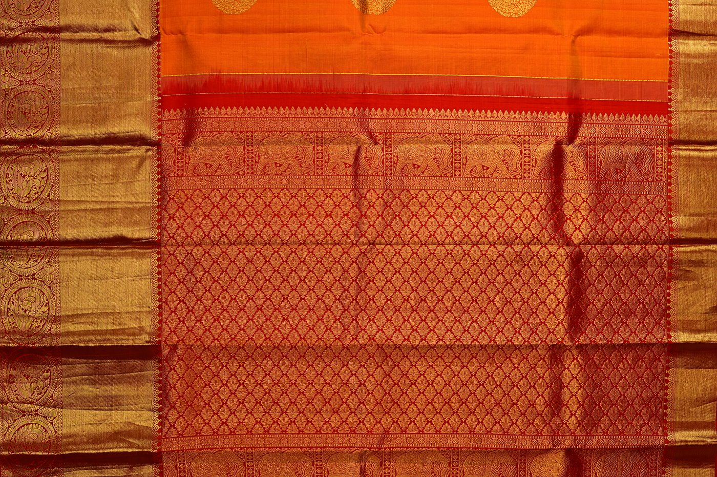 Kanjivaram Silk № 38. three shuttle weave, pure mulberry silk, real zari and temple borders. Photographed at Trisha Silks Jubilee Hills.