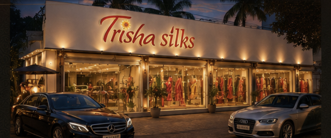 The Trisha Silks flagship glowing at dusk on Road No. 36, Jubilee Hills, Hyderabad