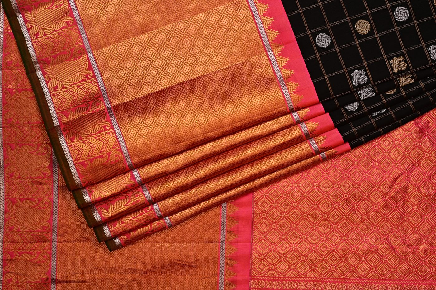 Kanjivaram Silk № 12. three shuttle weave, pure mulberry silk, real zari and temple borders. Photographed at Trisha Silks Jubilee Hills.