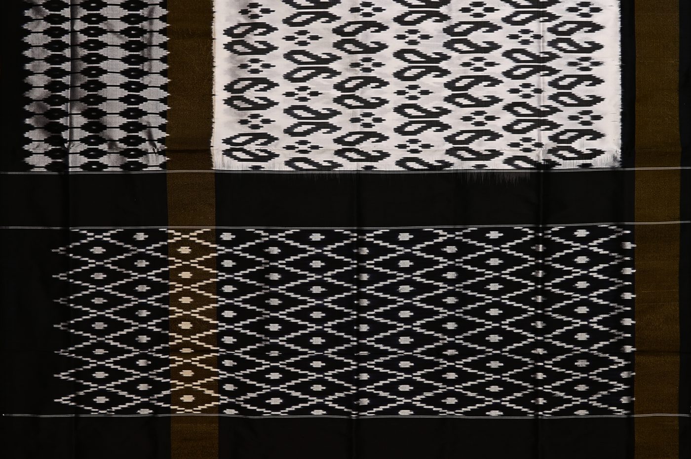 Pochampally Ikat № 02. true tie and dye ikat, double weft motifs, soft mulberry silk drape. Photographed at Trisha Silks Jubilee Hills.