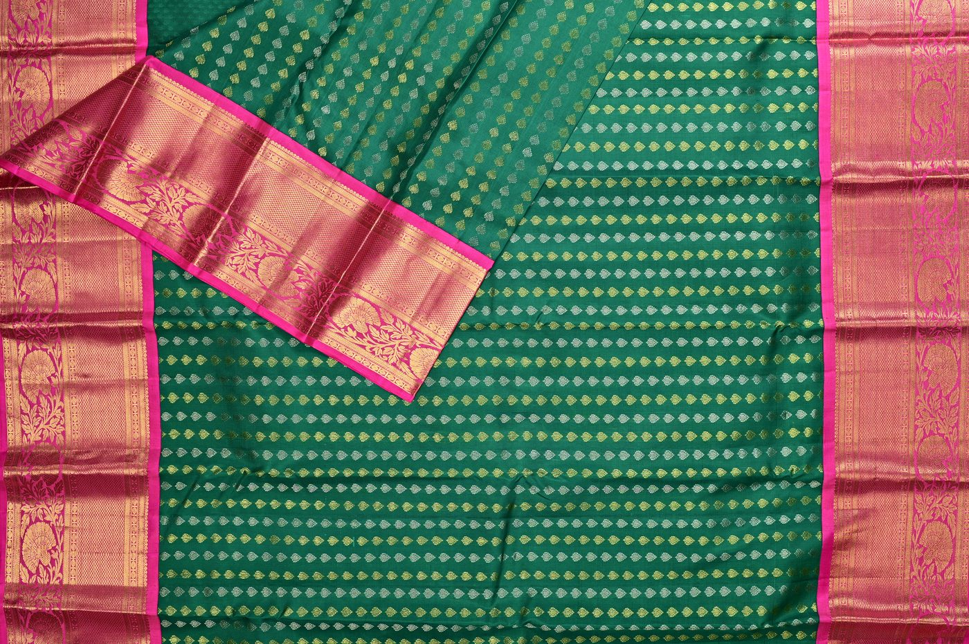 Kanjivaram Silk № 25. three shuttle weave, pure mulberry silk, real zari and temple borders. Photographed at Trisha Silks Jubilee Hills.