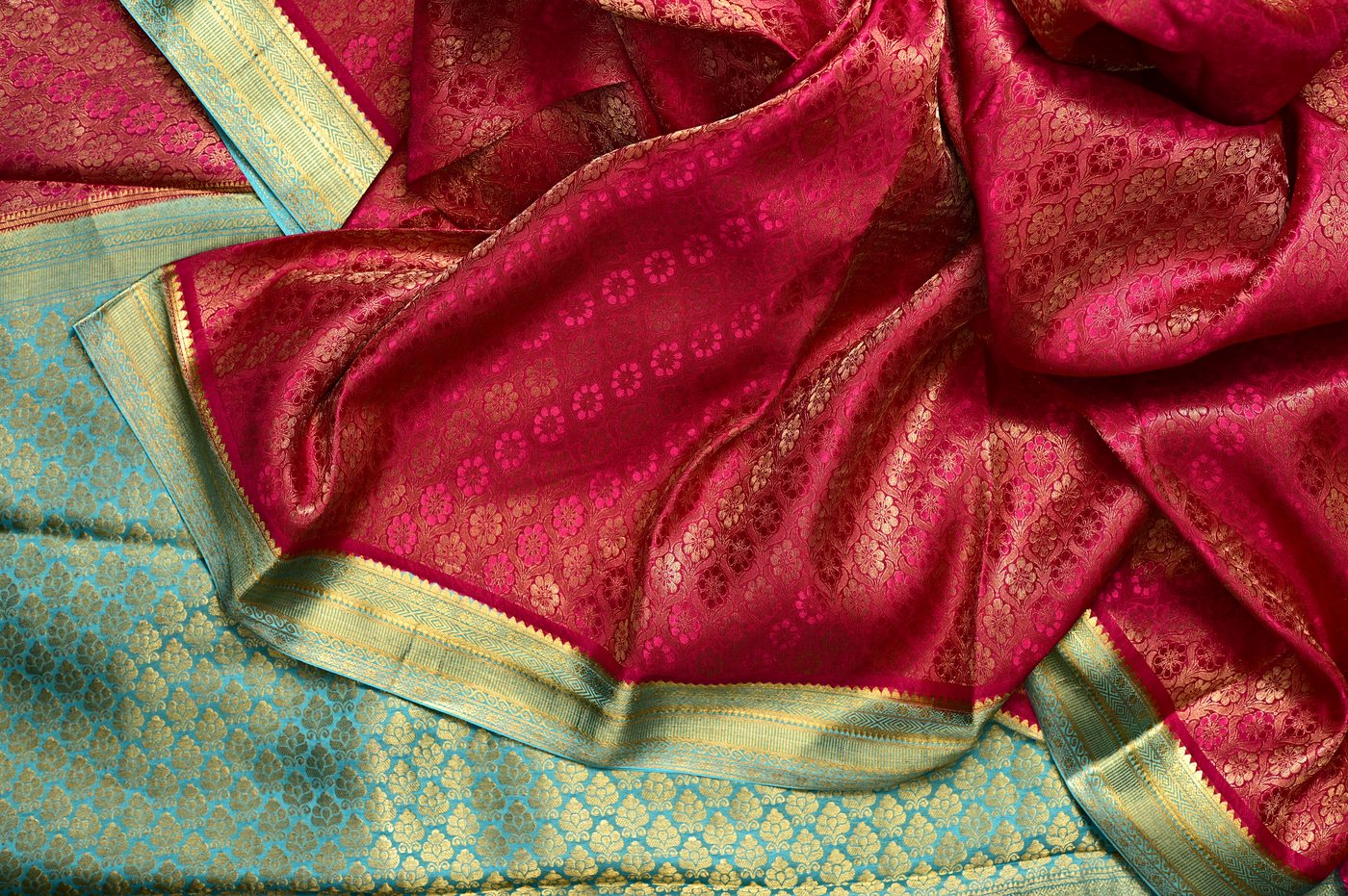 Kanjivaram Silk № 13. three shuttle weave, pure mulberry silk, real zari and temple borders. Photographed at Trisha Silks Jubilee Hills.