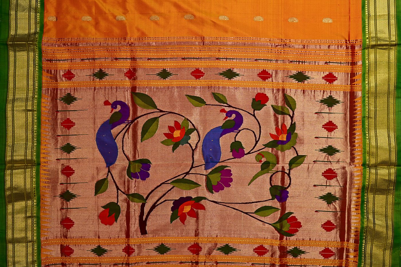 Paithani Silk № 01. pure silk tapestry weave, real zari peacock pallu, naturally dyed yarns. Photographed at Trisha Silks Jubilee Hills.
