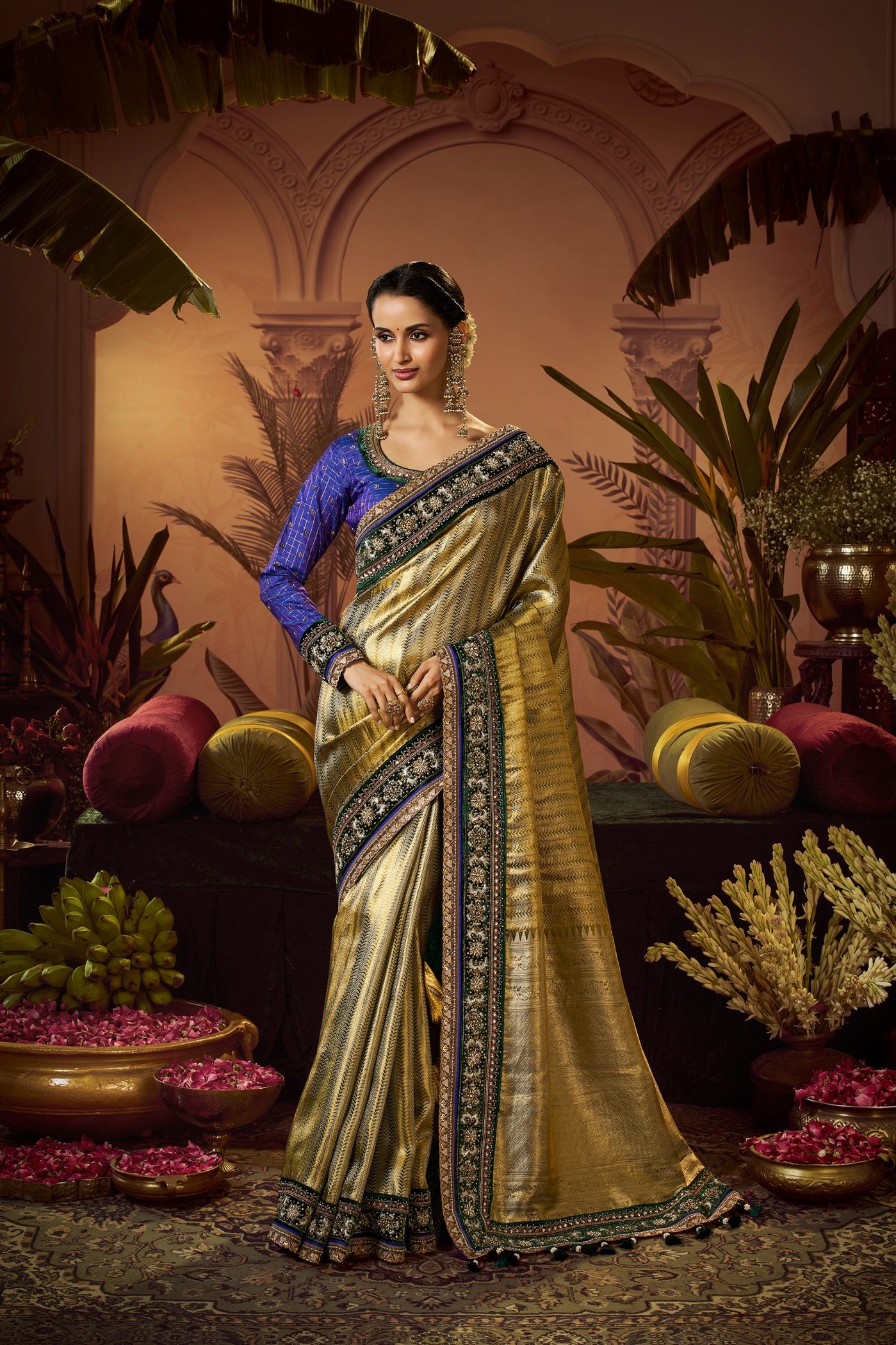 Olive gold tissue Kanjivaram saree with a black and magenta border styled with a royal blue blouse