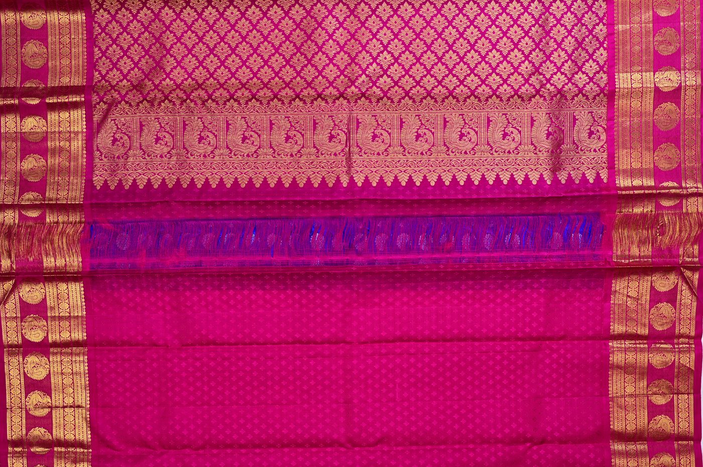 Kanjivaram Silk № 26. three shuttle weave, pure mulberry silk, real zari and temple borders. Photographed at Trisha Silks Jubilee Hills.