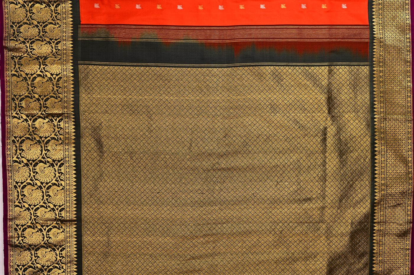 Kanjivaram Silk № 24. three shuttle weave, pure mulberry silk, real zari and temple borders. Photographed at Trisha Silks Jubilee Hills.