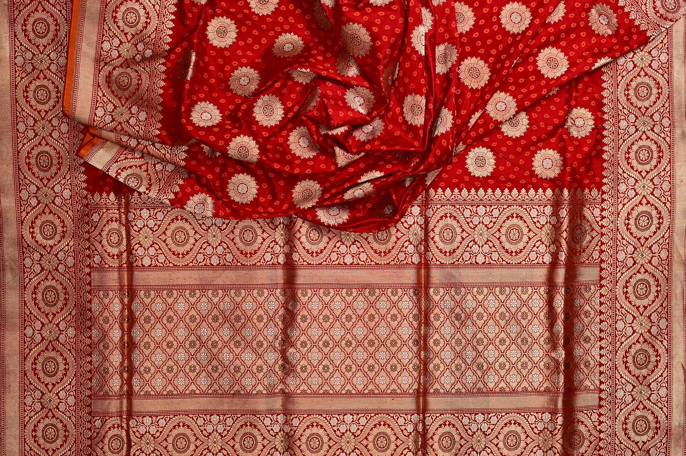 Jacquard Kanjivaram № 01. jacquard set Kanjivaram silk with finer repeat motifs and a softer fall. Photographed at Trisha Silks Jubilee Hills.