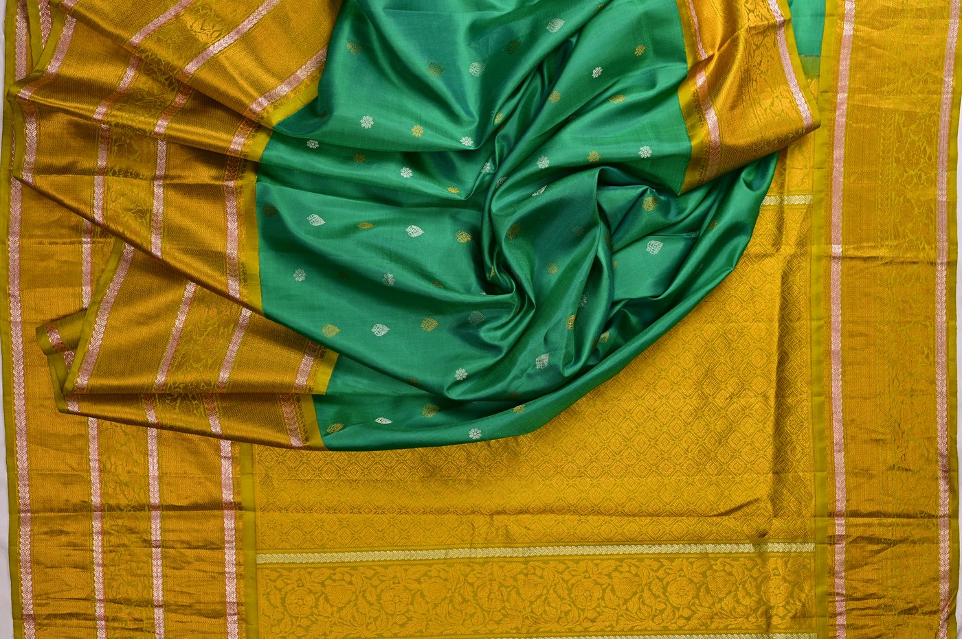 Kanjivaram Silk № 23. three shuttle weave, pure mulberry silk, real zari and temple borders. Photographed at Trisha Silks Jubilee Hills.