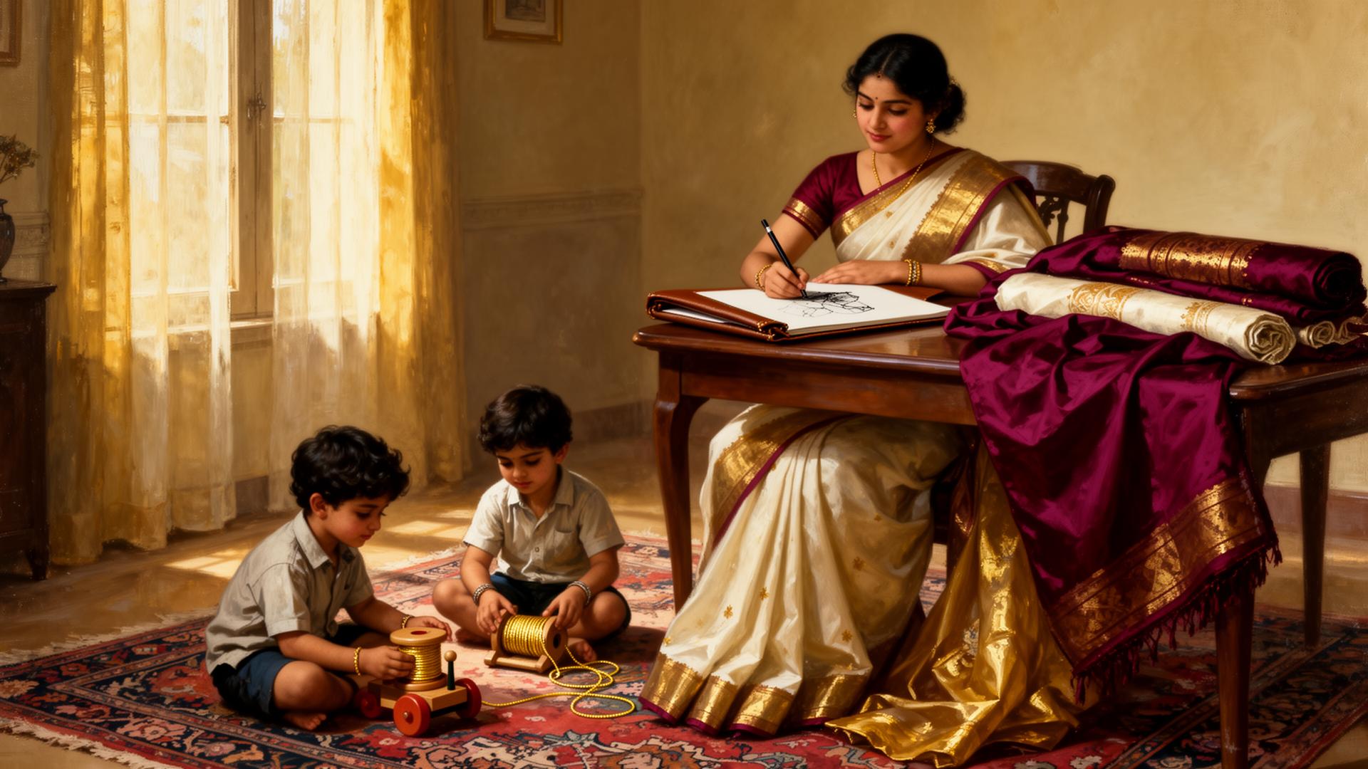 A young Amrita Mishra sketching saree designs at a sunlit dining table while two small boys play at her feet