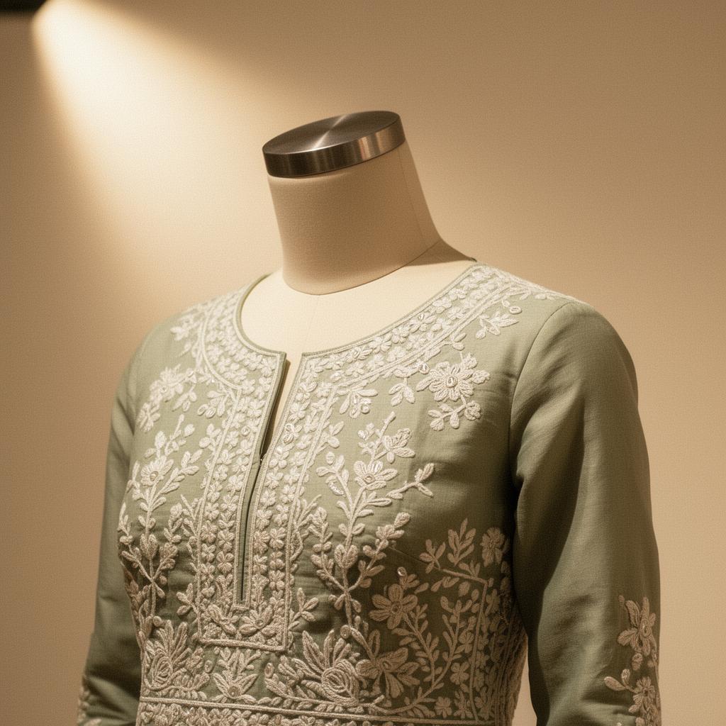 Hand-embroidered couture blouse with fitted bust, sleeve and back, photographed on a mannequin